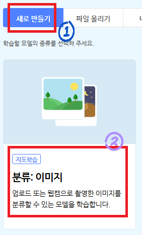 ① 새로 만들기 탭, ② 분류: 이미지 카드