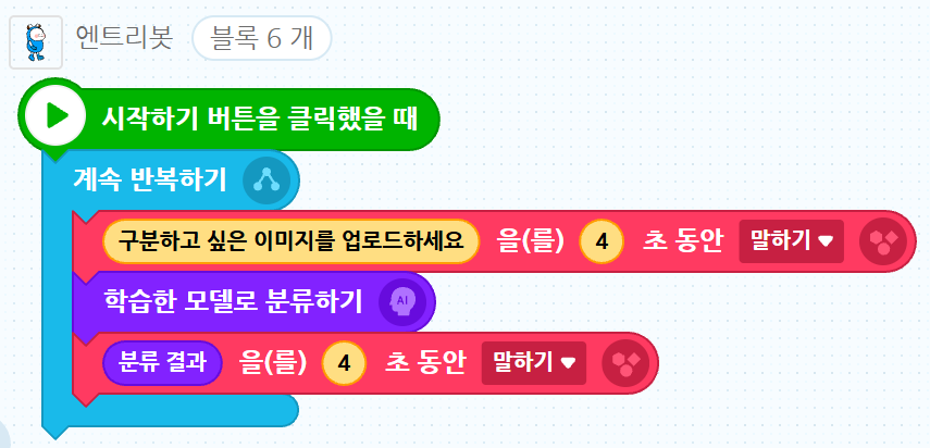 블록 6개: 시작하기 버튼을 클릭했을 때, 계속 반복하기 안에 「구분하고 싶은 이미지를 업로드하세요」을(를) 4초 동안 말하기, 학습한 모델로 분류하기, 분류 결과 을(를) 4초 동안 말하기